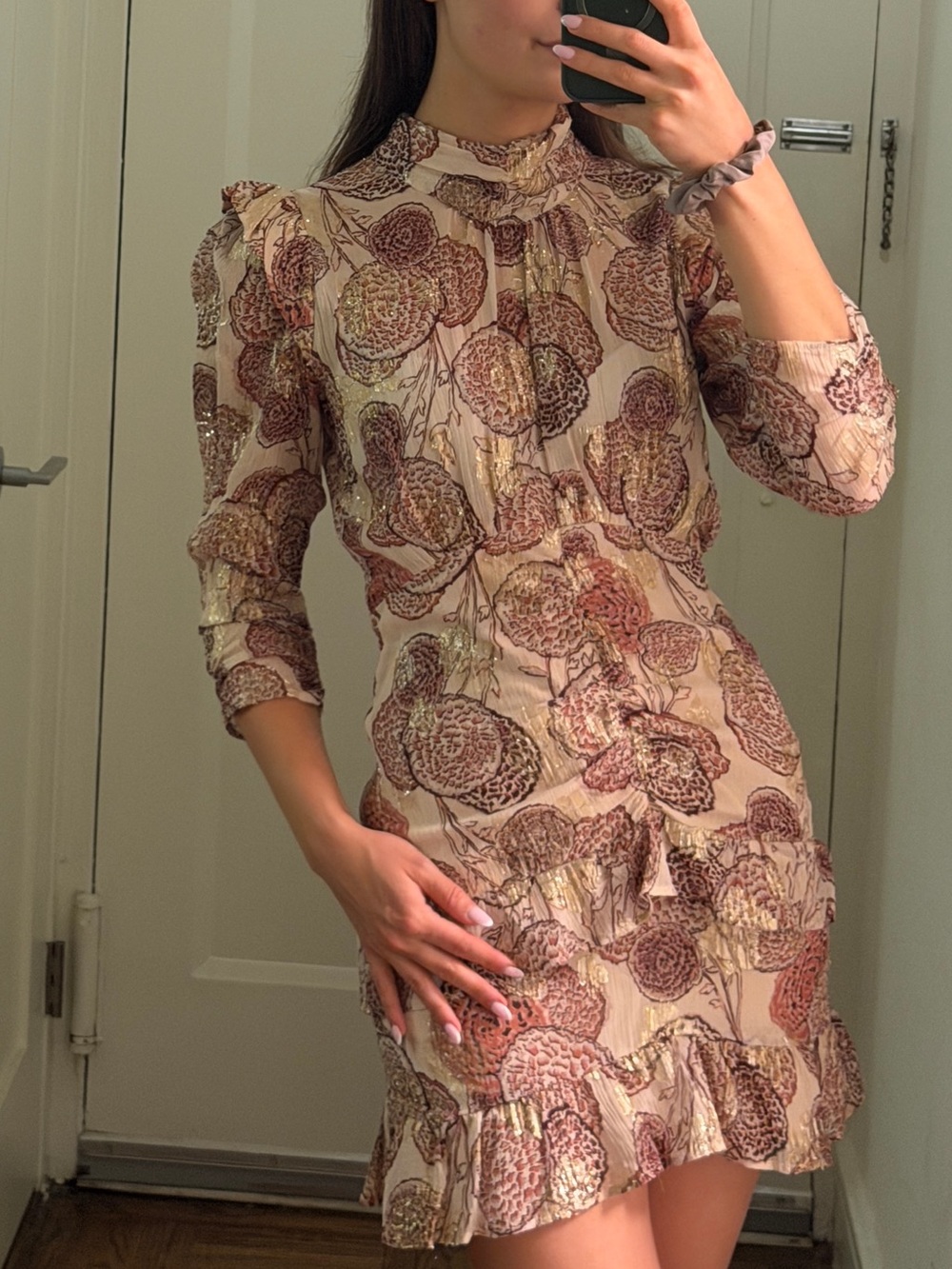 ba&sh Beige Floral High-Neck Long Sleeve Dress
